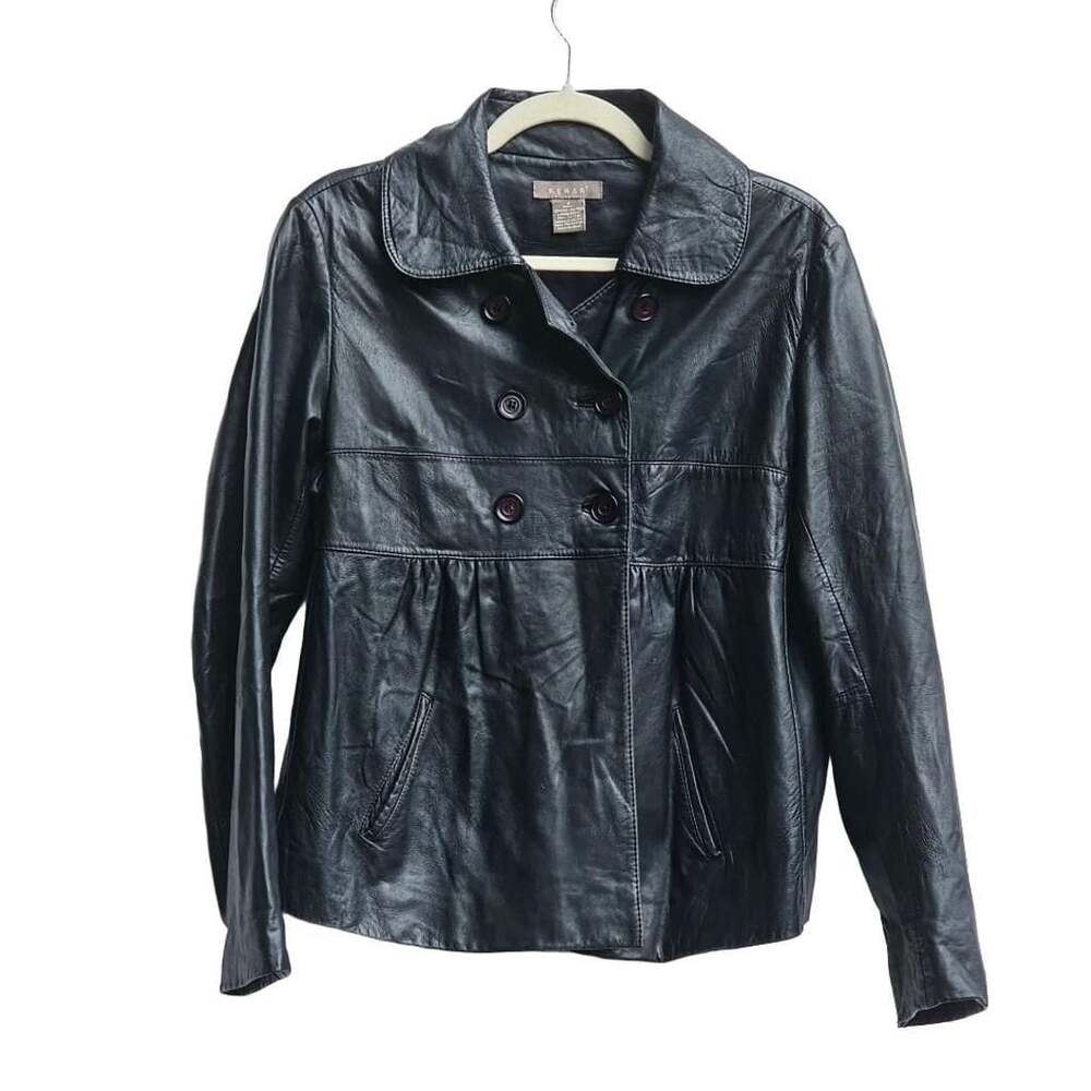 Kenar Women’s Size 8 Black Genuine Leather Double Breasted Jacket Y2K Babydoll